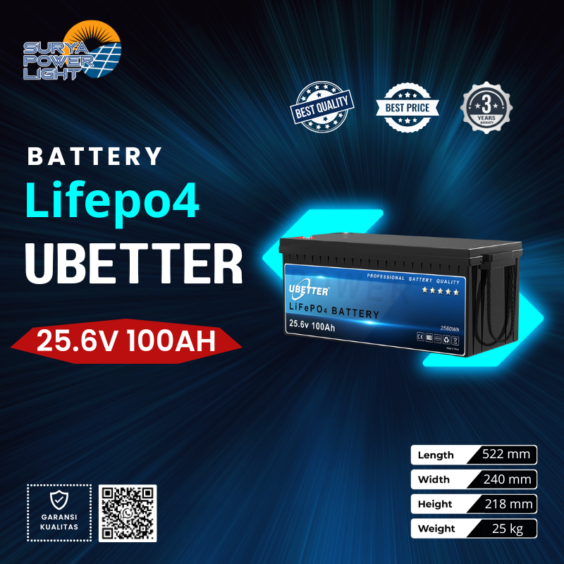 UBETTER Baterai LiFePO4 25.6V 100Ah, Lithium 25.6V 100Ah
