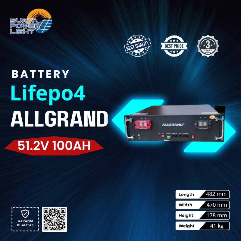 ALLGRAND Baterai LiFePO4 51.2v 100ah, Lithium 51.2V 100Ah 5.12kWh Cell Lithium Iron Phosphate