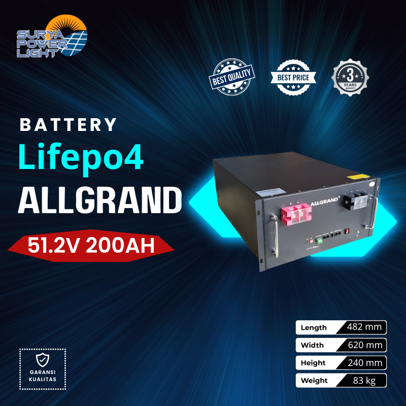 ALLGRAND Baterai LiFePO4 51.2v 200ah, Lithium 51.2V 200Ah 10.24kWh Cell Lithium Iron Phosphate